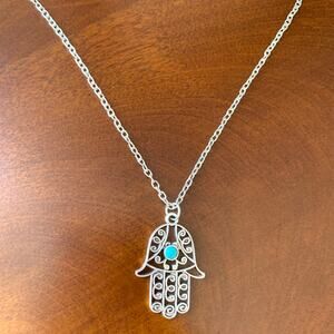 Hamsa Hand Pendant Evil Eye Silver Women Necklace